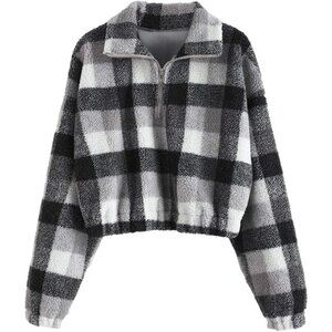 Women's Black White Faux Fur Pullover Half Zip Long Sleeve Crop Sweatshirt Tops